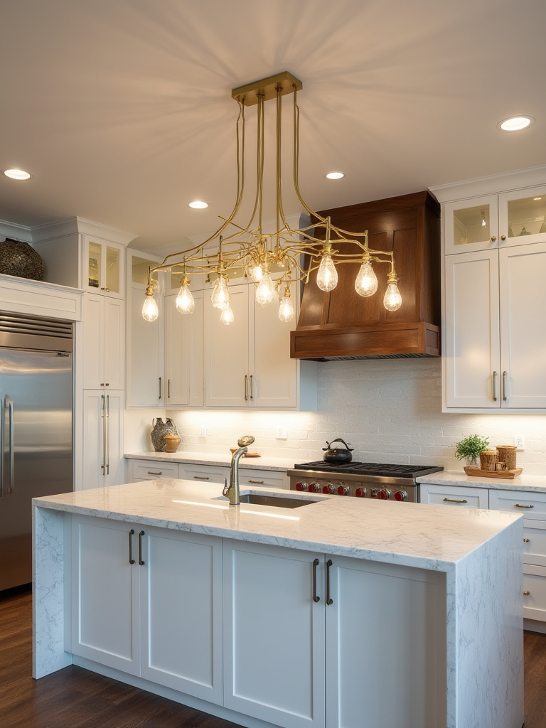Dramatic brass statement lighting fixture over a modern kitchen island
