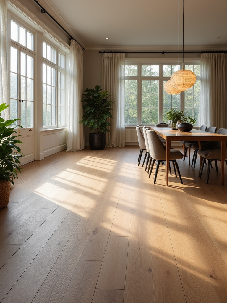 Durable dining room flooring in a warm, modern dining space