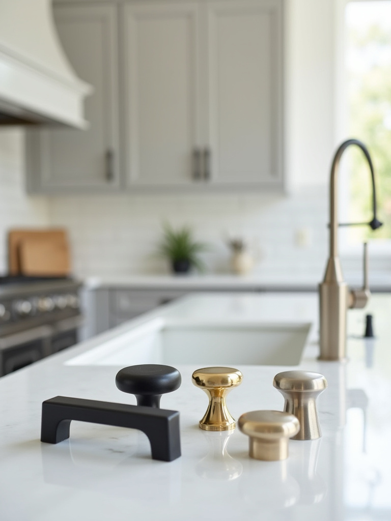 Close-up of elegant kitchen cabinet hardware including matte black bar pulls, polished brass knobs, brushed nickel cup pulls, and a stylish kitchen faucet on a marble countertop against light grey cabinets, emphasizing kitchen style personalization.