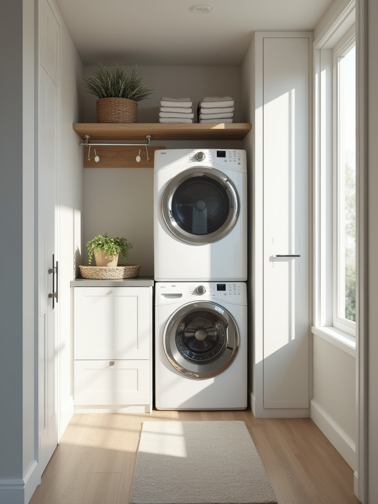 A sleek, modern white high-efficiency front-loading washer and dryer stacked in a brightly lit mudroom laundry room, showcasing a commitment to performance and sustainability.