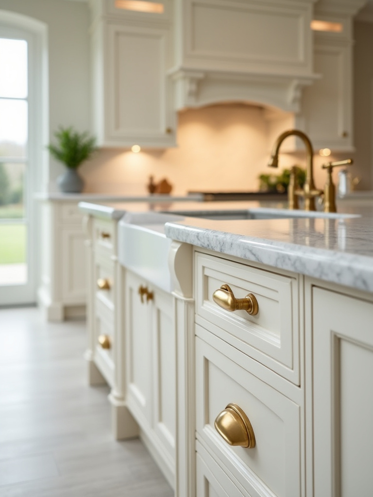 Portrait close-up of unlacquered brass faucet and cabinet pulls in a luxury kitchen