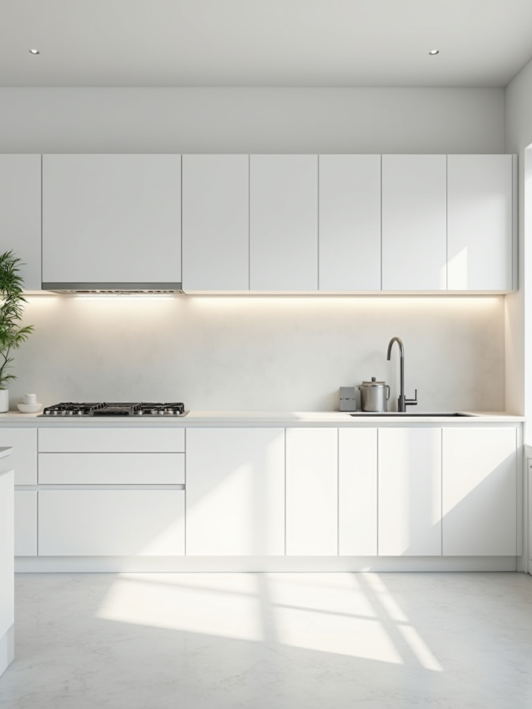 Modern kitchen with sleek, matte white handle-less cabinets and minimalist design.