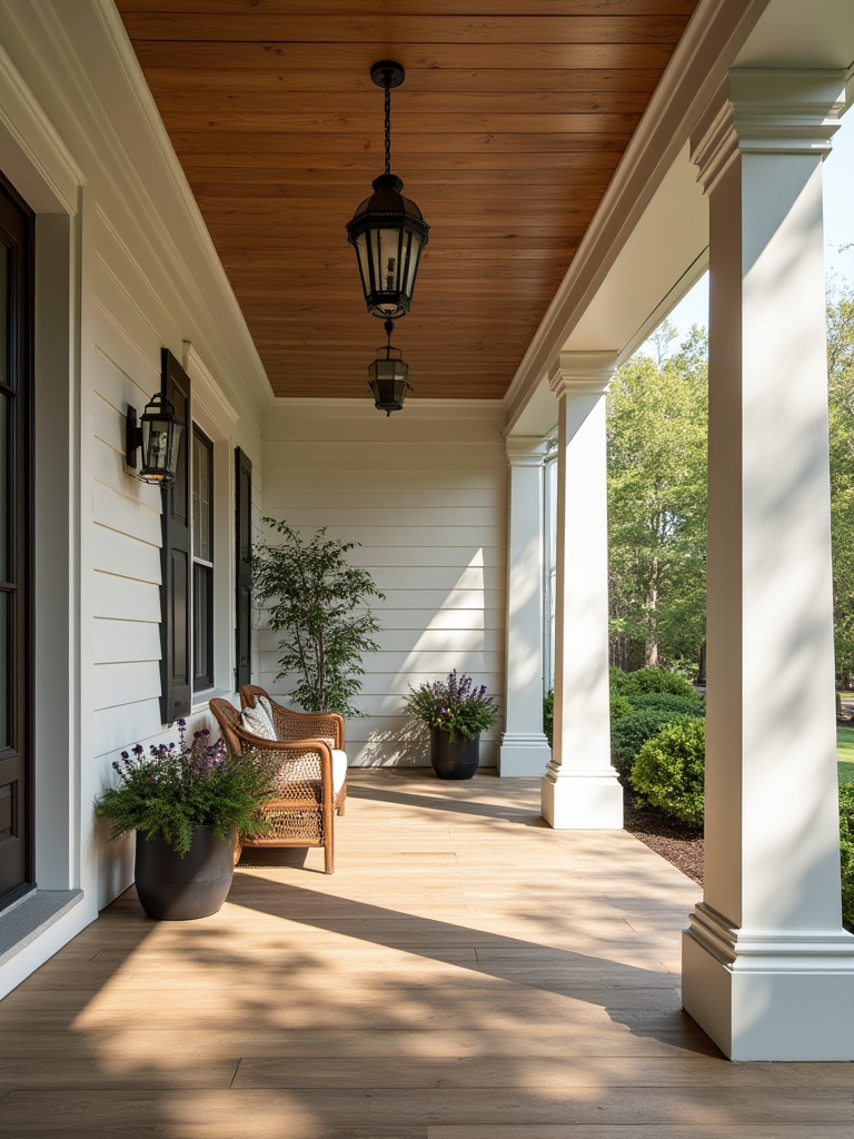 Portrait view of porch columns and posts with decorative capitals on a welcoming front porch