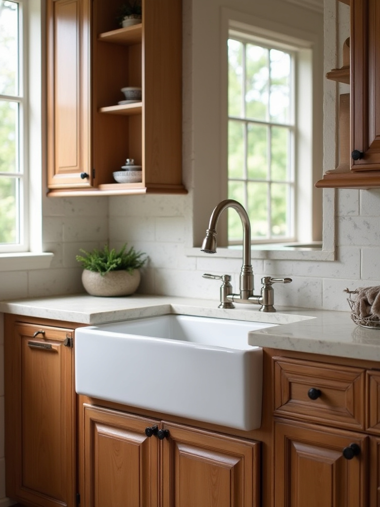 Portrait view of a traditional kitchen sink with apron-front and bridge faucet