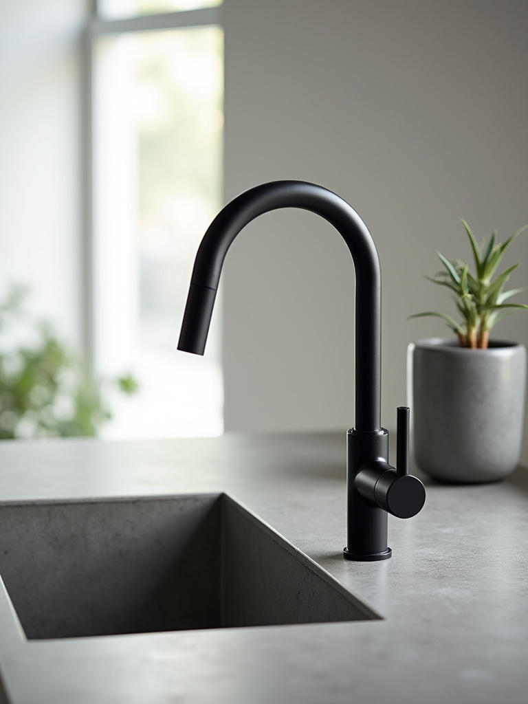 A contemporary kitchen showing a matte black sculptural gooseneck faucet above a minimalist sink, with natural light highlighting its unique design.
