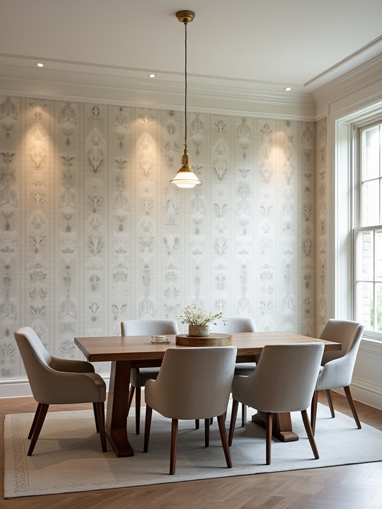 Dining room with a sophisticated botanical patterned and textured wallpaper accent wall, bathed in soft natural light, featuring a classic dining set.