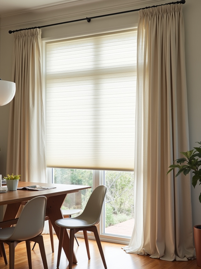 Portrait-style dining room with layered window treatments for light control and privacy