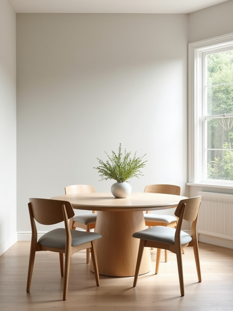 A chic, small dining room features a round white pedestal dining table with chairs tucked neatly underneath, illustrating enhanced traffic flow and open space.