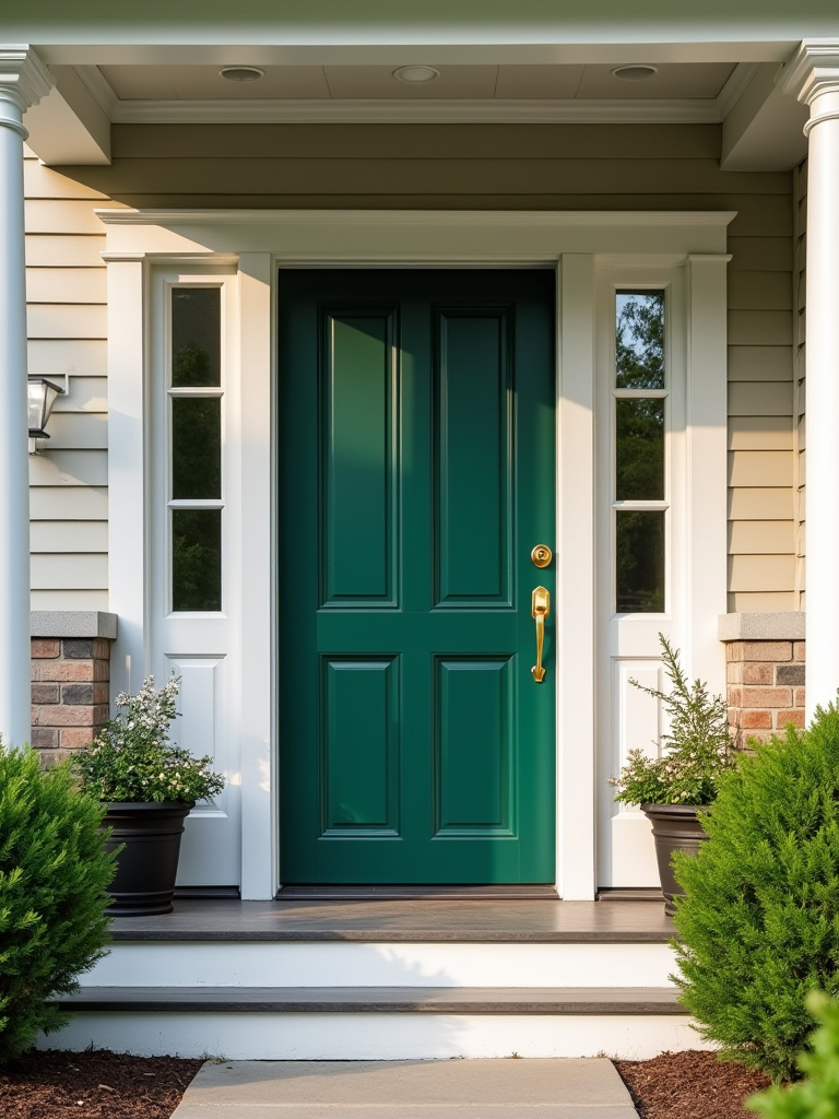 Bold front door color on a stylish home entry with white trim and surrounding greenery
