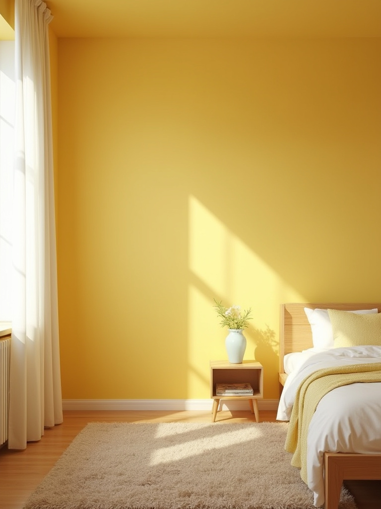 Portrait of a yellow bedroom wall with a durable eggshell finish and soft daylight reflections
