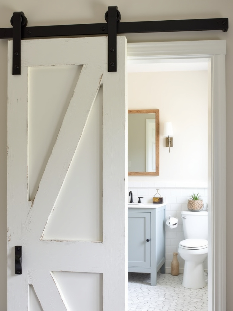 Rustic matte black barn door hardware on a white barn door, partially open to reveal a farmhouse bathroom, showcasing space-saving design.