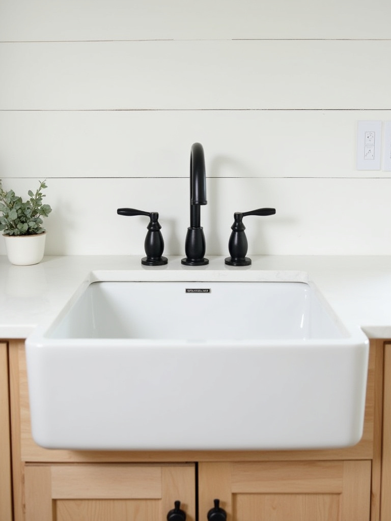 Farmhouse bathroom featuring a matte black widespread faucet and coordinating hardware on a light wood vanity, against white shiplap walls, illustrating rustic contrast.