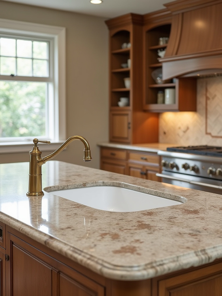 Portrait view of a traditional kitchen featuring natural stone countertops and warm wood cabinetry