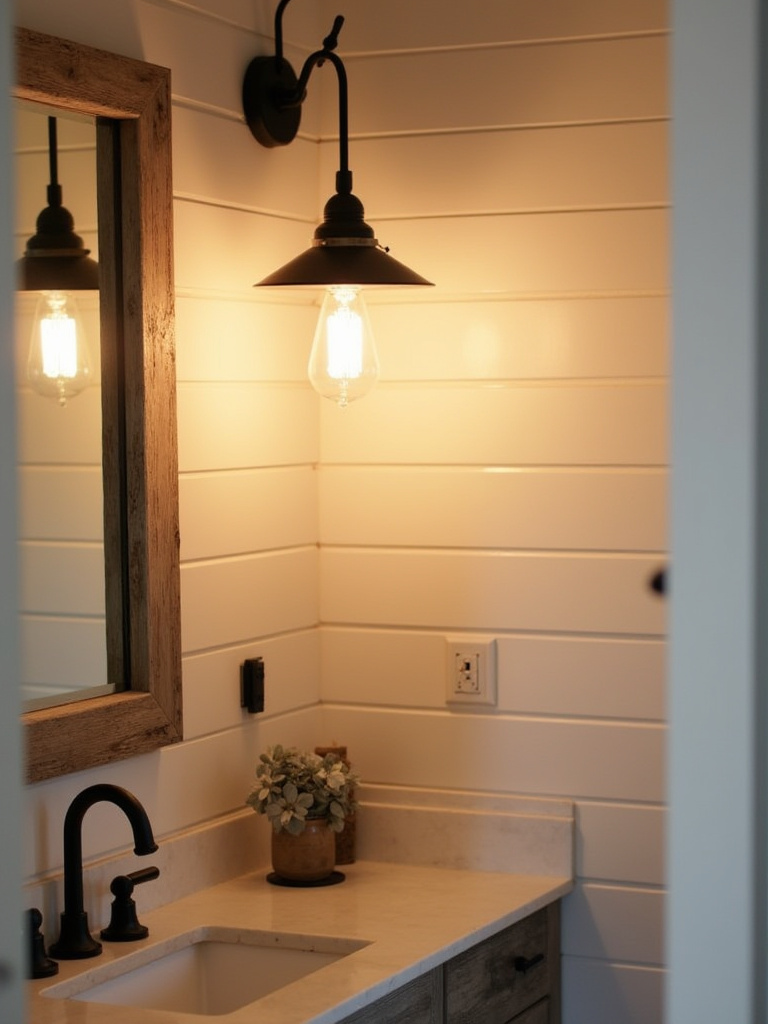 A cozy farmhouse bathroom featuring a matte black iron vanity sconce and a reclaimed wood chandelier, casting warm, inviting rustic illumination.