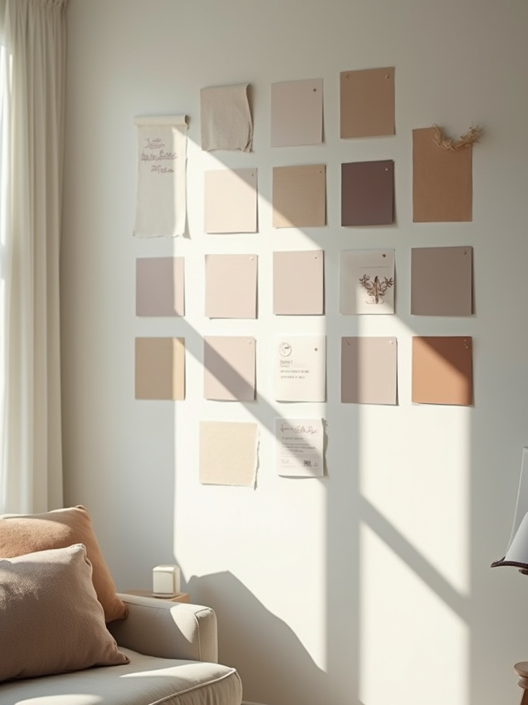 A living room wall with various paint swatches and material samples, illustrating the process of selecting a color palette and wall finishes for interior design.