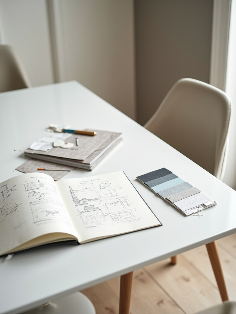 A thoughtfully organized workspace in a dining room showing swatches and a journal, symbolizing effective accent wall planning, budget management, and timeline setting for home renovation projects.