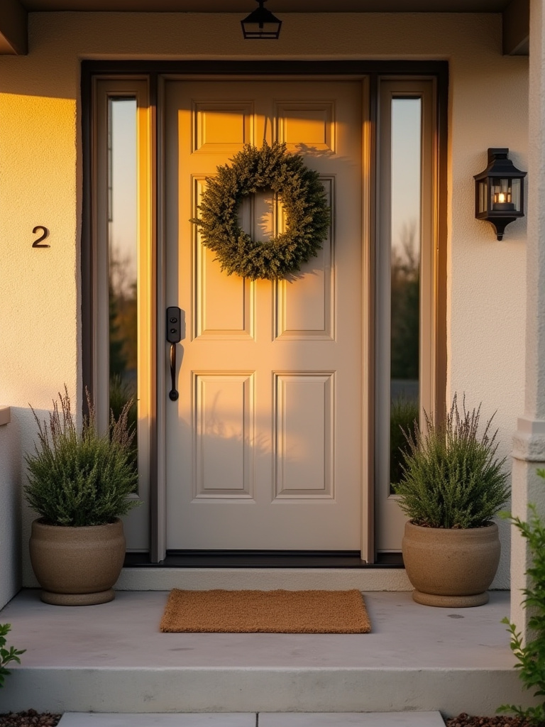 Vertical shot of a stylish front entry with wreath, planters, and doormat bathed in warm porch light