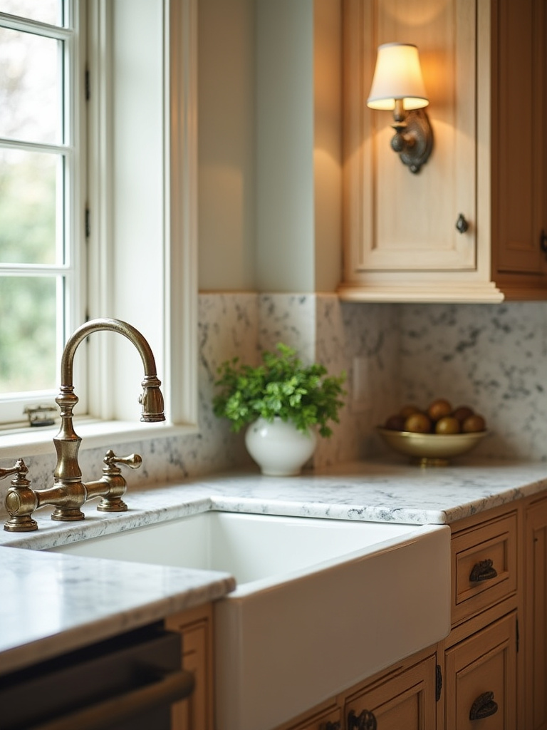 Portrait of a traditional kitchen with period-authentic faucets and hardware finishes