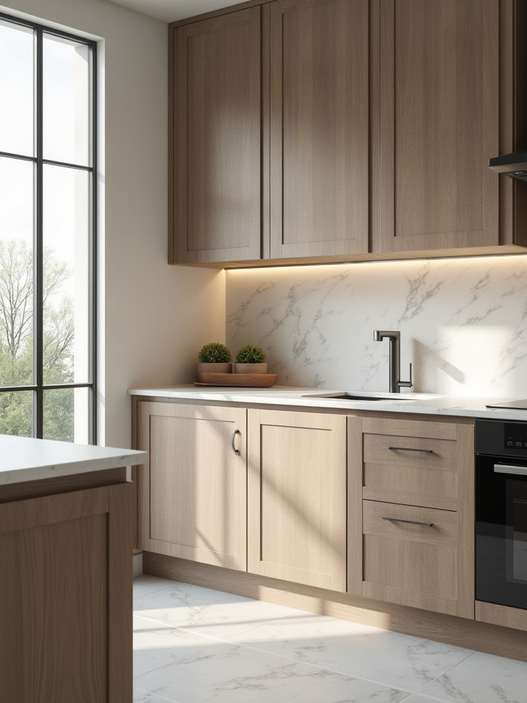 A modern kitchen corner with warm gray shaker cabinets, white quartz countertops, and a built-in oven, representing strategic budget allocation in a kitchen renovation.