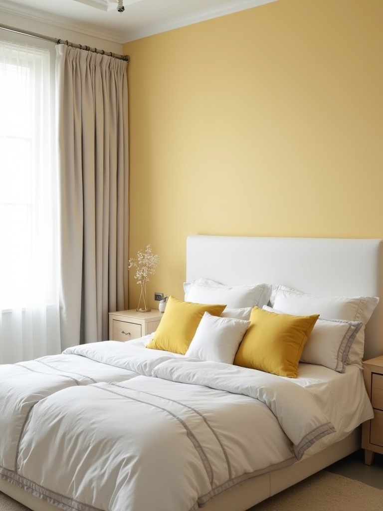 Bedroom with yellow accent wall and coordinated bedding