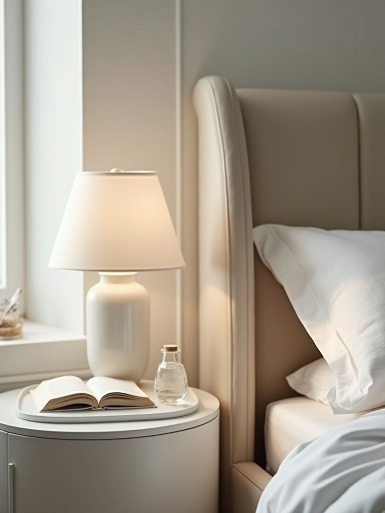 A minimalist and decluttered cozy bedroom nightstand with a lamp, book, and water carafe on a tray, bathed in soft natural light, illustrating a visually relaxing space.