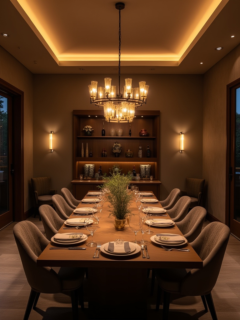 Vertical dining room with chandelier and layered lighting