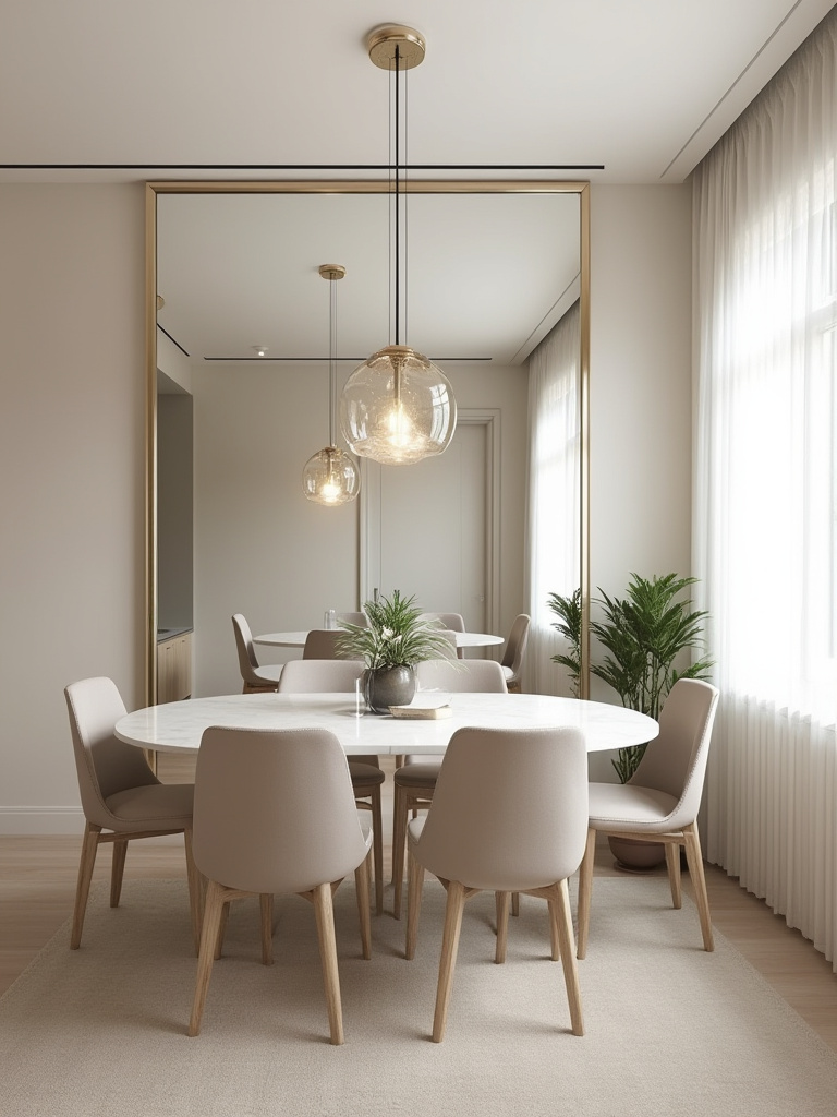 Elegant small dining room with a large, strategically placed frameless mirror reflecting natural light, a dining table, and chairs, creating an illusion of wider space.