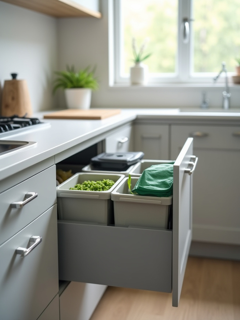 Portrait view of a modern kitchen cabinet with pull-out drawers revealing an integrated recycling and compost system for efficient waste management. Sleek, organized, and clean design.