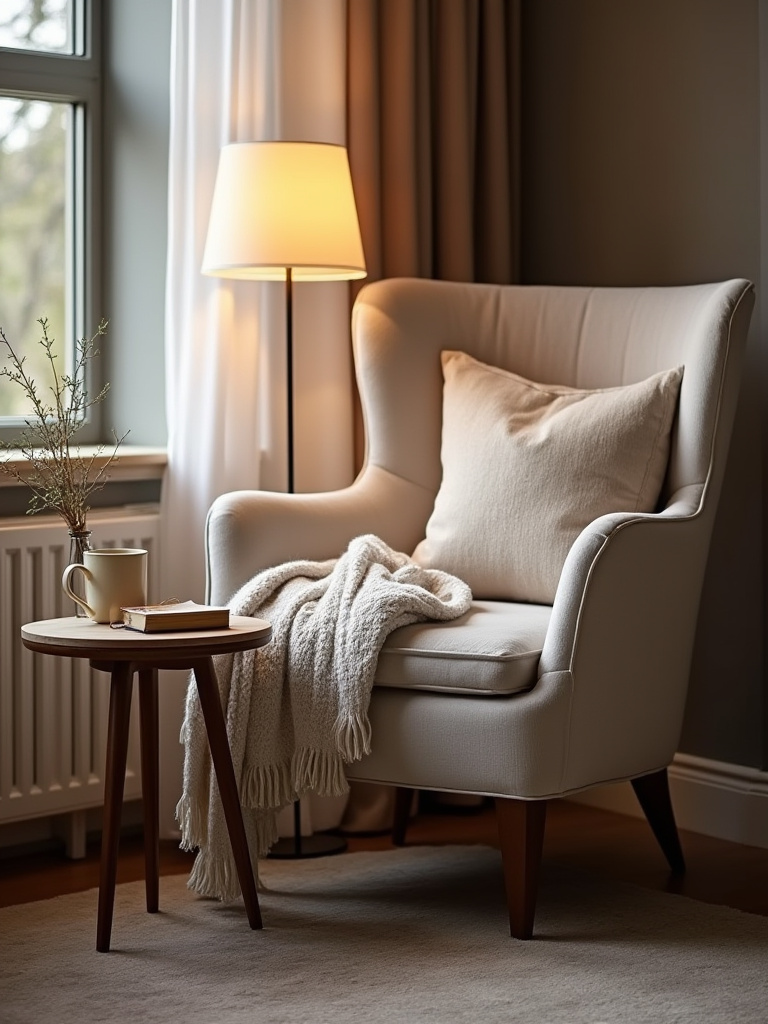 A tranquil bedroom corner transformed into a cozy reading nook with a plush armchair, soft blanket, side table with a book, and a floor lamp, bathed in warm, inviting light.