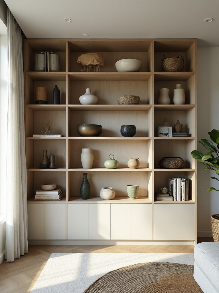 Beautifully styled living room shelf with curated objects, varying heights and textures, displaying intentional balance and aesthetic harmony.