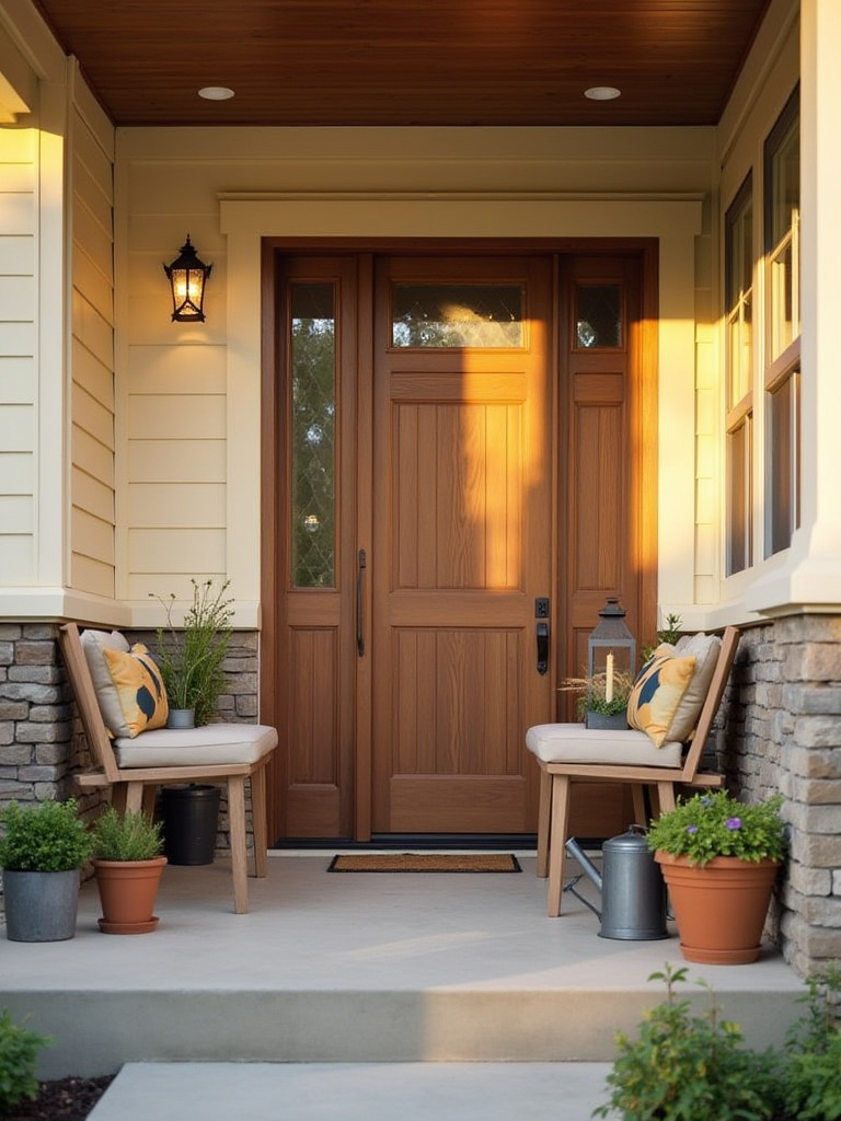 Portrait of a welcoming front porch with side tables and a bench near the front door