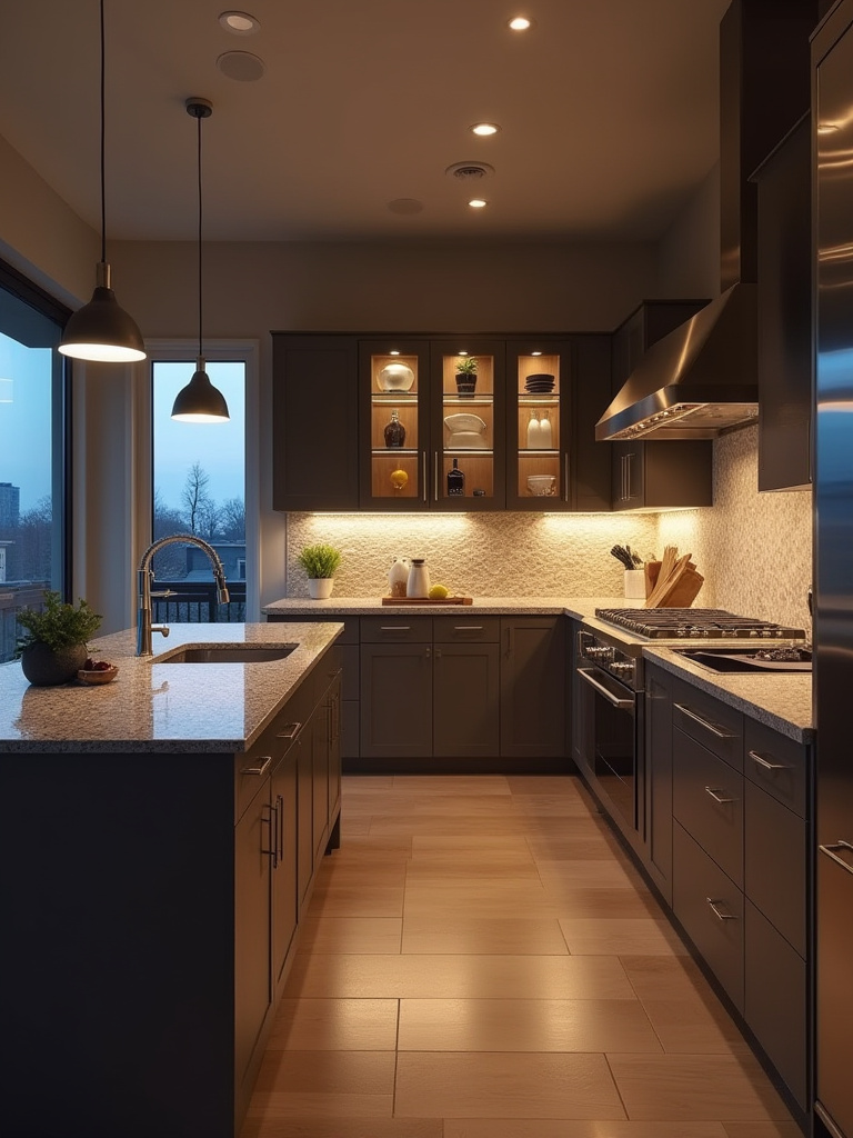 Portrait-style kitchen lighting showing beam-angle layering on island and cabinets