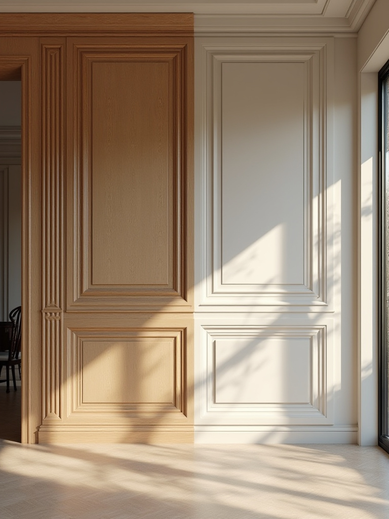 Dining room with accent wall, contrasting perfectly finished geometric wood paneling (professional result) with subtle conceptual planning elements (DIY consideration) for installation.