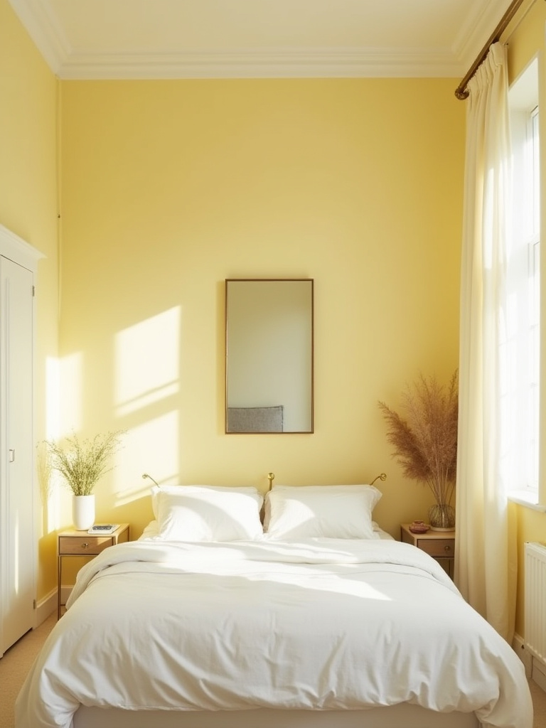 Soft pale yellow bedroom with mirrors and natural light