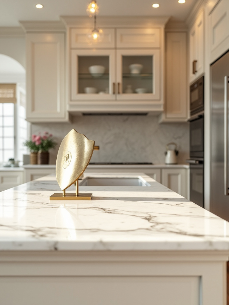 Luxurious modern kitchen interior with premium appliances and a subtle shield sculpture suggesting protection plans, no people