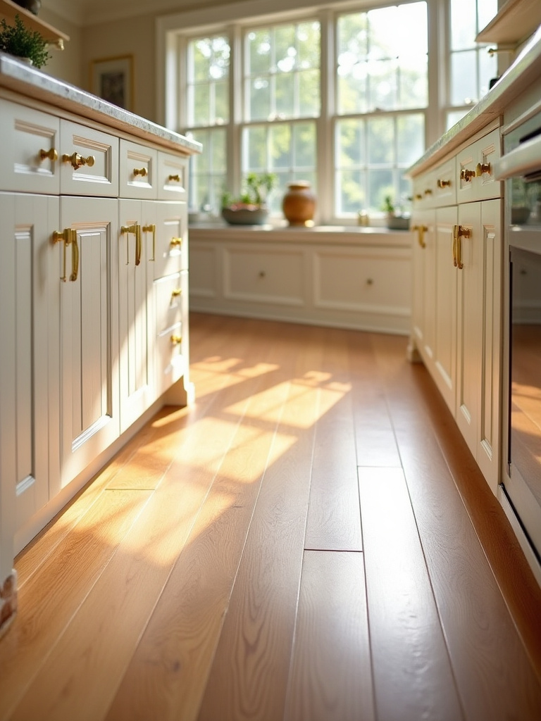 Traditional kitchen with warm White Oak hardwood flooring and classic cabinetry