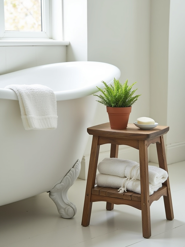 An antique distressed wooden step stool serving as a bath caddy with white towels, a plant, and a soap dish in a cozy farmhouse bathroom.