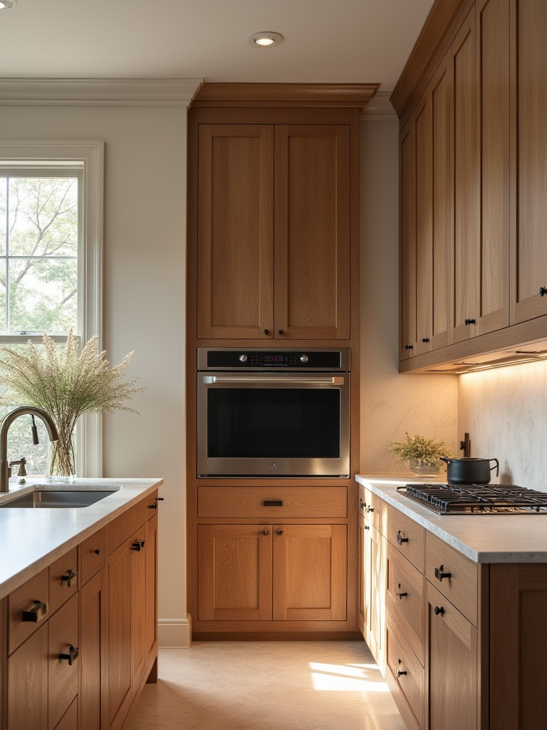 Traditional kitchen corner with concealed technology behind wood cabinetry