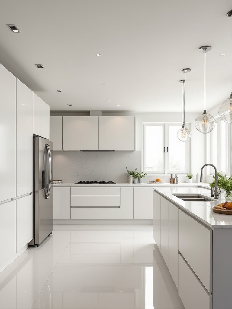 Portrait of a modern kitchen lit with energy-efficient LED bulbs