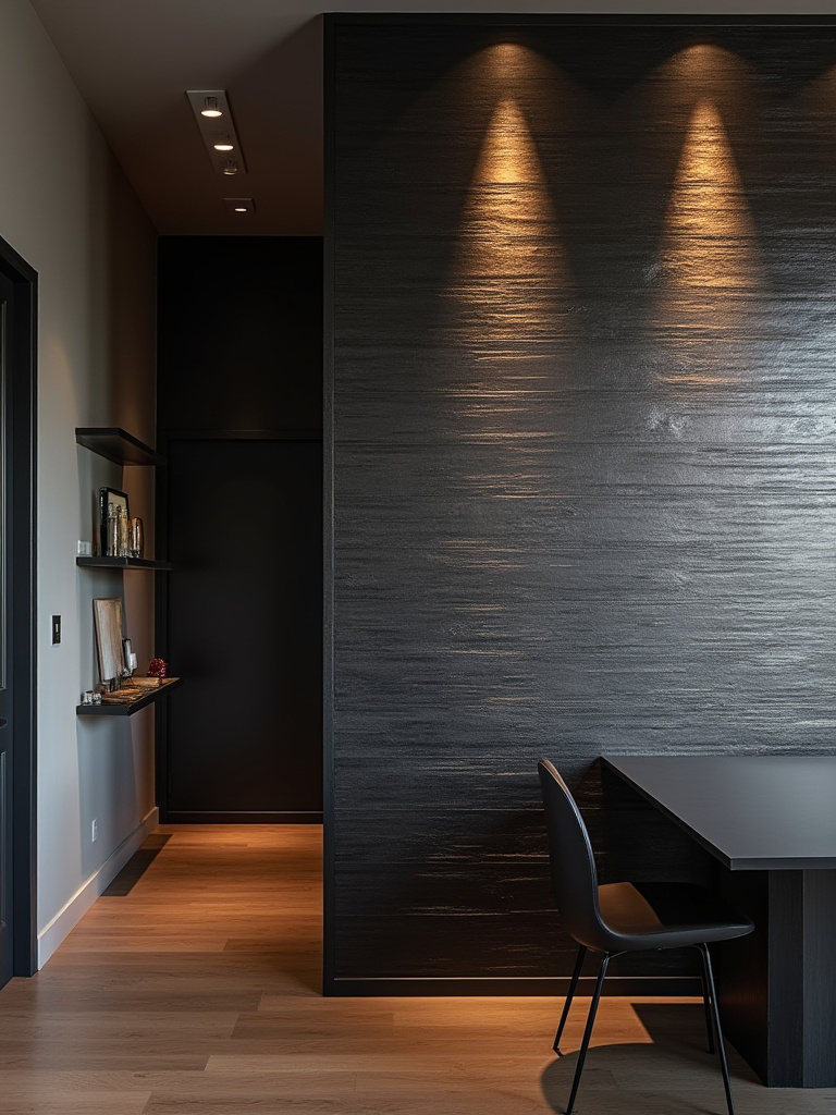 Dining room accent wall with strategic grazing lights highlighting deep charcoal shiplap texture. Warm LED lighting enhances three-dimensionality and visual depth.
