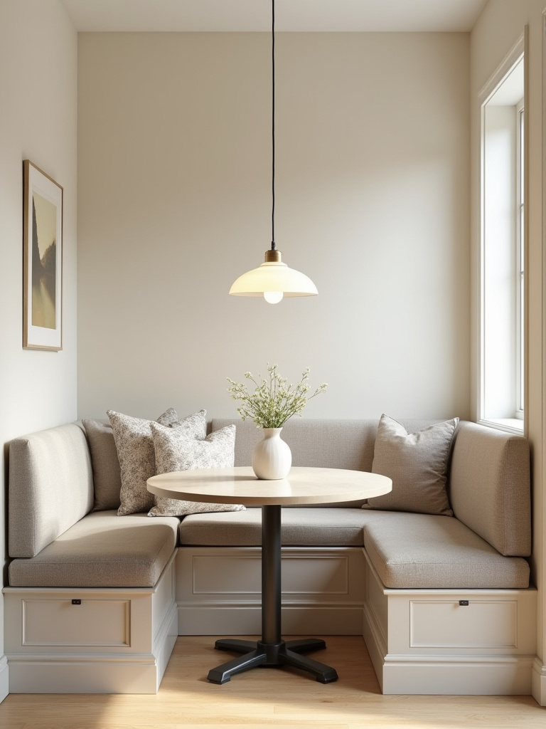 Small dining room with an L-shaped built-in banquette, round pedestal table, and modern pendant light in a corner. Maximizing space with clever corner dining solutions.