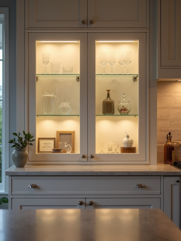 Portrait view of discreet in-cabinet lighting highlighting kitchen glassware