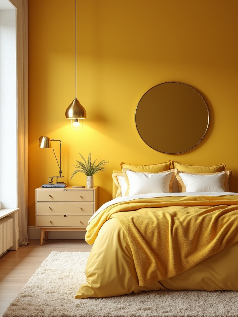 Luxurious yellow bedroom with gold and brass accents