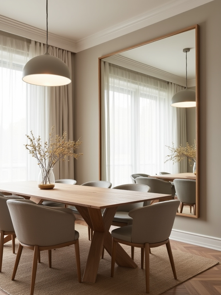 Dining room with a large wall mirror reflecting daylight, creating a sense of expanded space