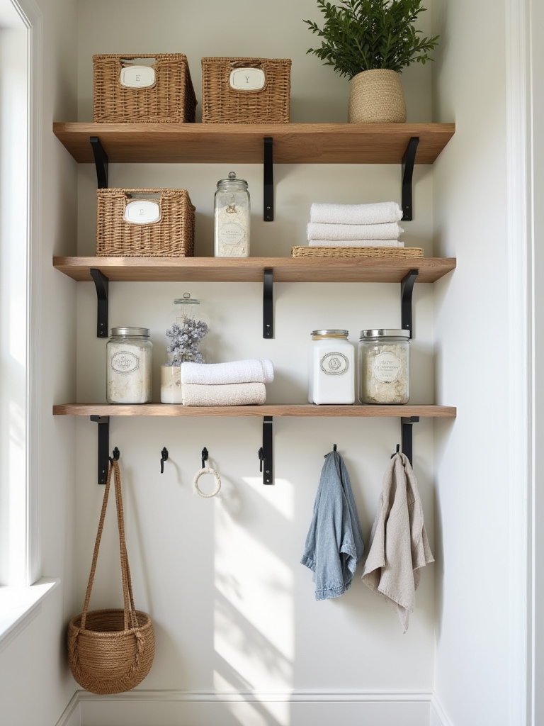 Organized mudroom with natural light, featuring open wooden shelves neatly filled with everyday essentials in decorative baskets and clear containers.
