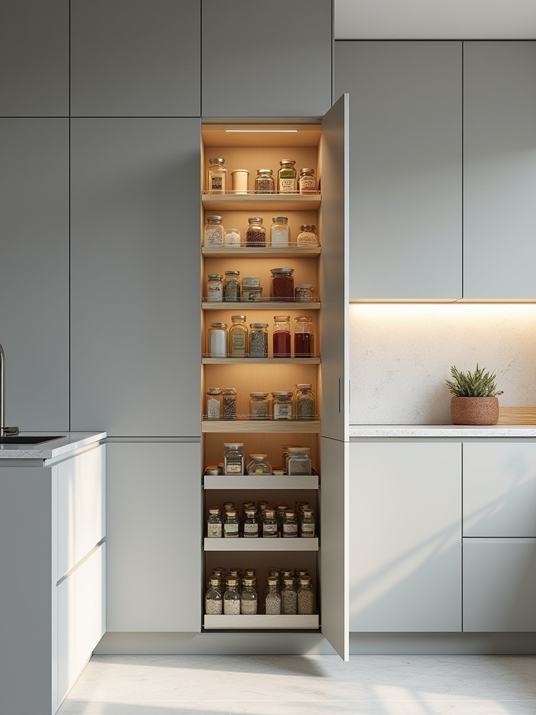A modern kitchen scene showcasing a vertical pull-out pantry unit partially open, revealing organized spices and oils, highlighting efficient space utilization and a minimalist design.