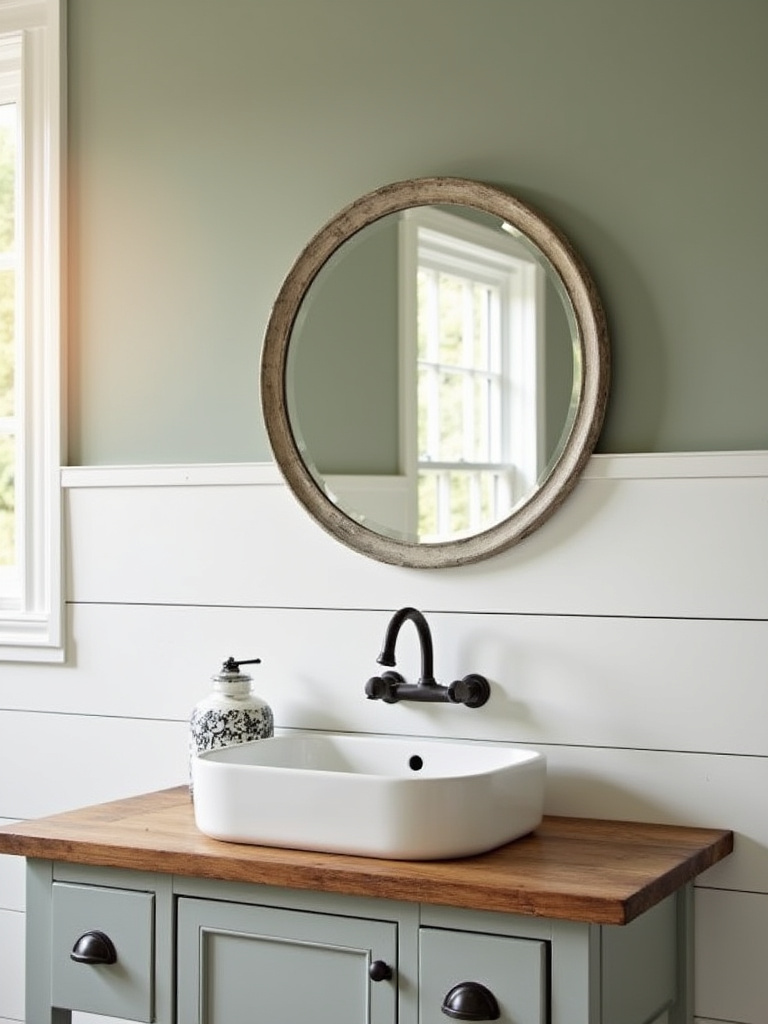 Farmhouse bathroom with white horizontal shiplap paneling on walls, sage green paint above, rustic wood vanity, and round distressed mirror.