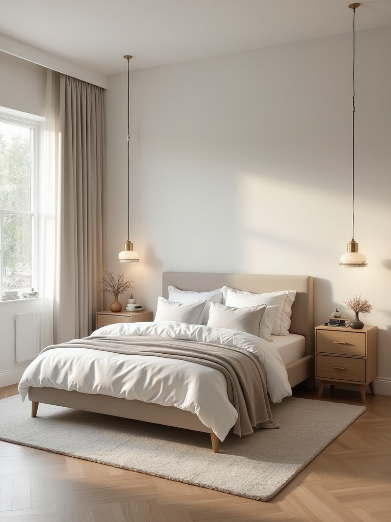 Serene bedroom with perfectly proportioned furniture, showcasing optimal space planning and clear pathways, achieved through precise bedroom measurements.
