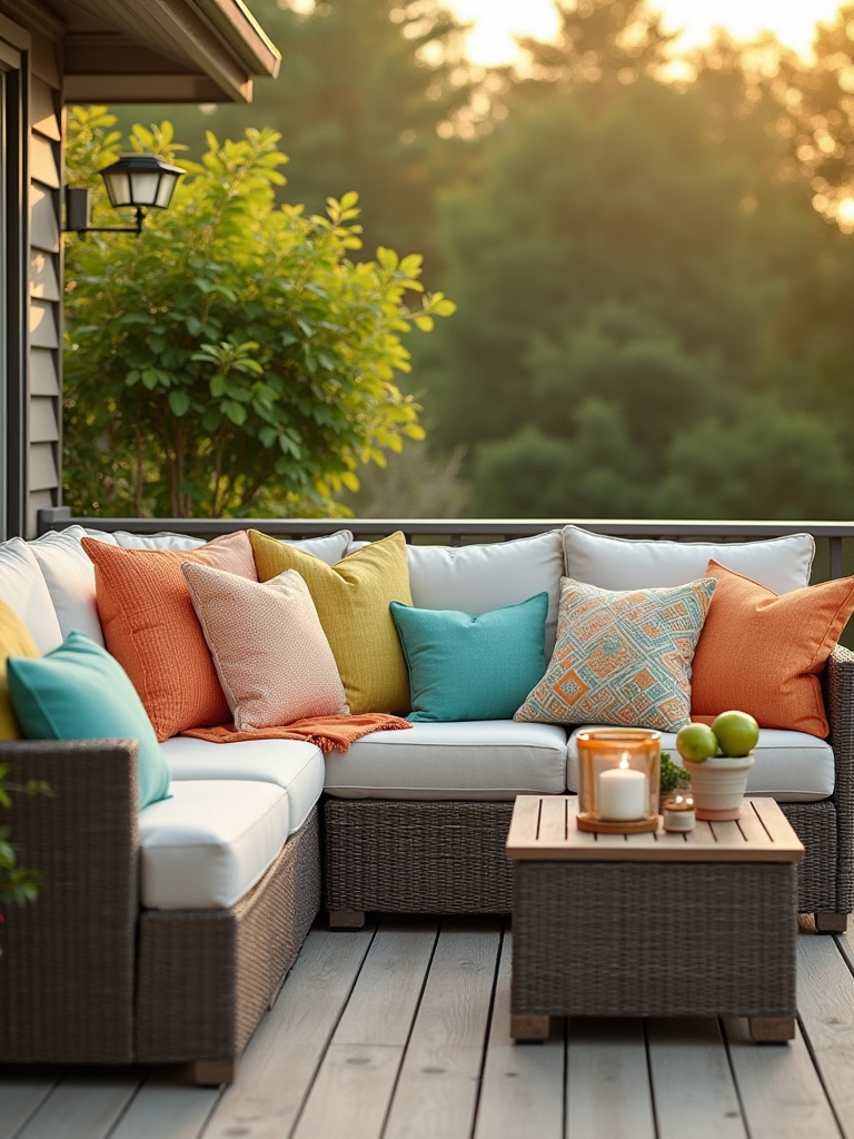 Vibrant weatherproof throw pillows and cushions on an outdoor deck sofa, adding colorful accents and comfort.