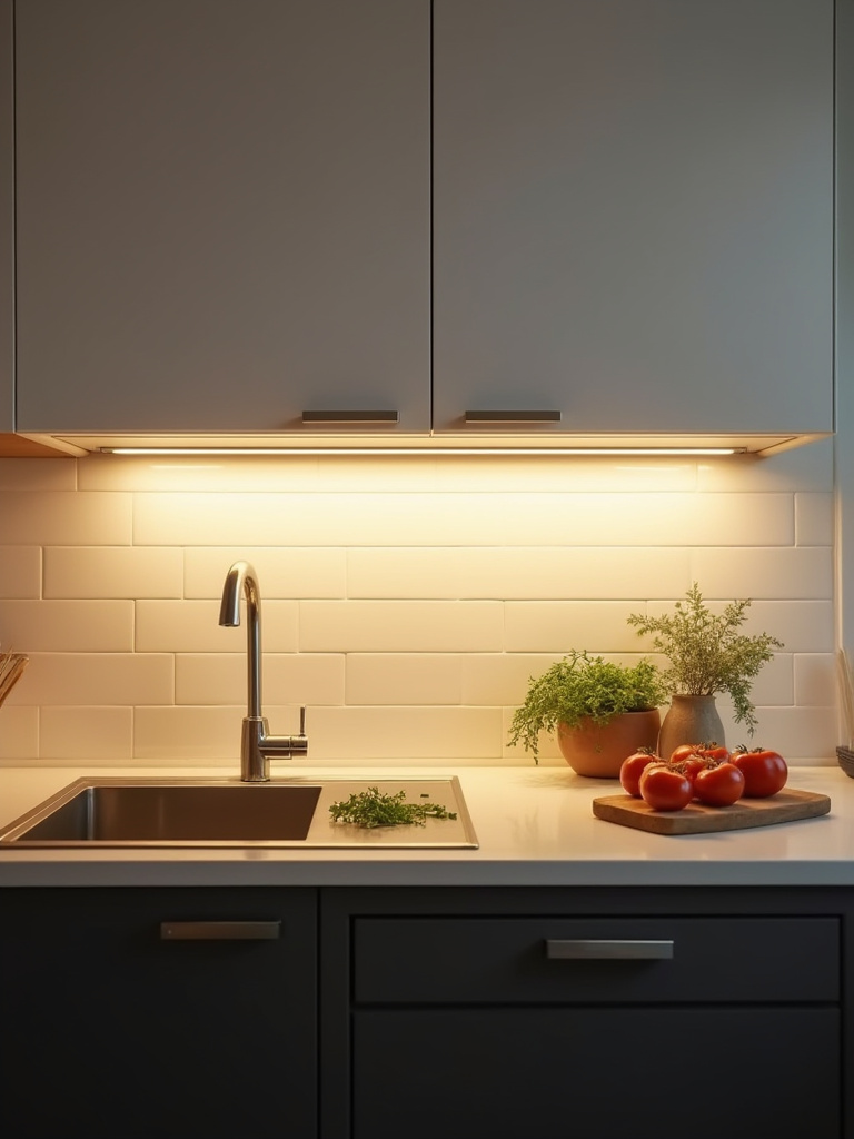 Small kitchen with warm LED undercabinet lighting illuminating a clean countertop and backsplash, showcasing effective task lighting and cozy ambiance for cooking.